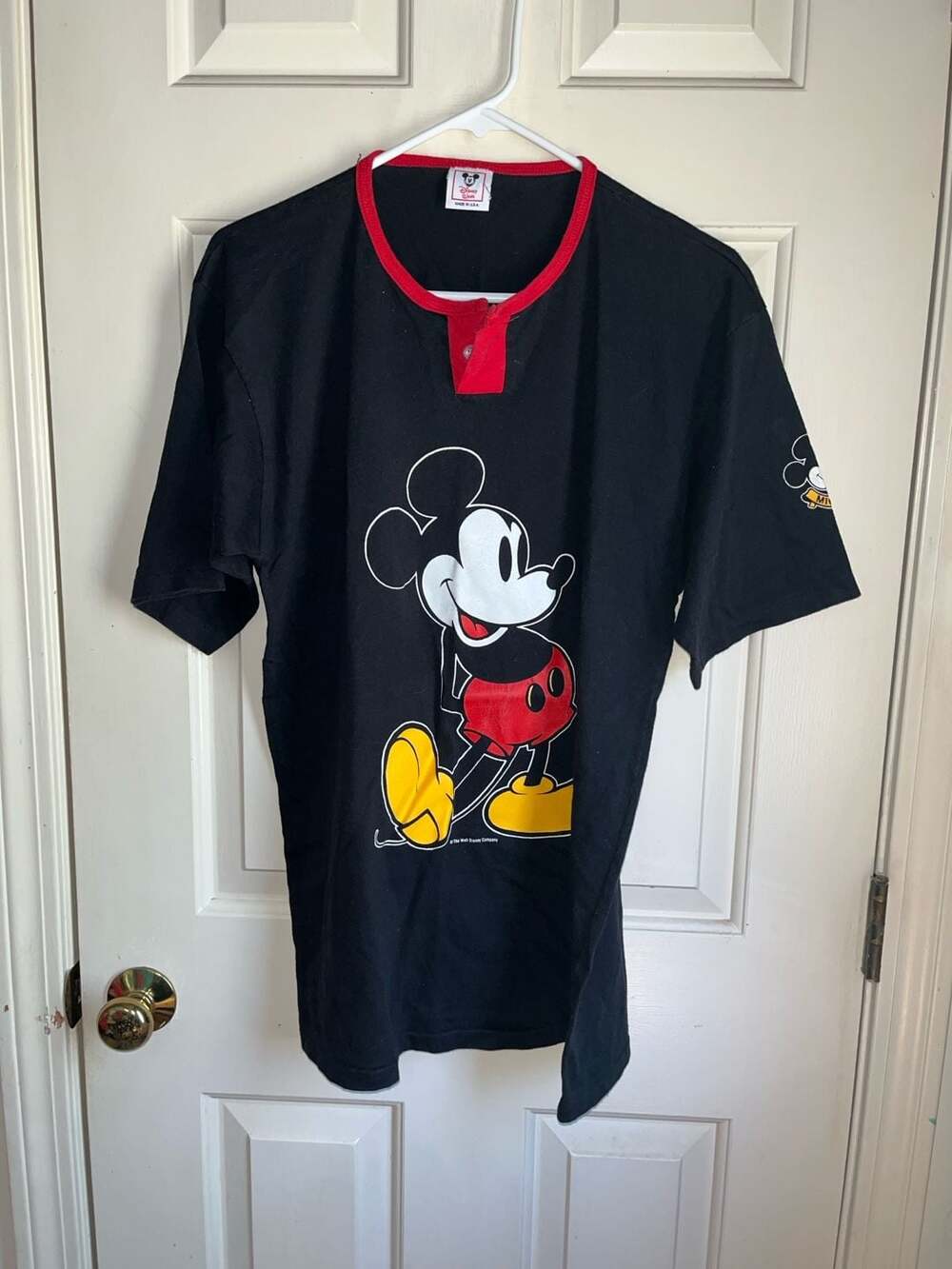 Vintage Disney Wear Mickey Mouse Henley Ringer T-Shirt Black Red Size L Made in